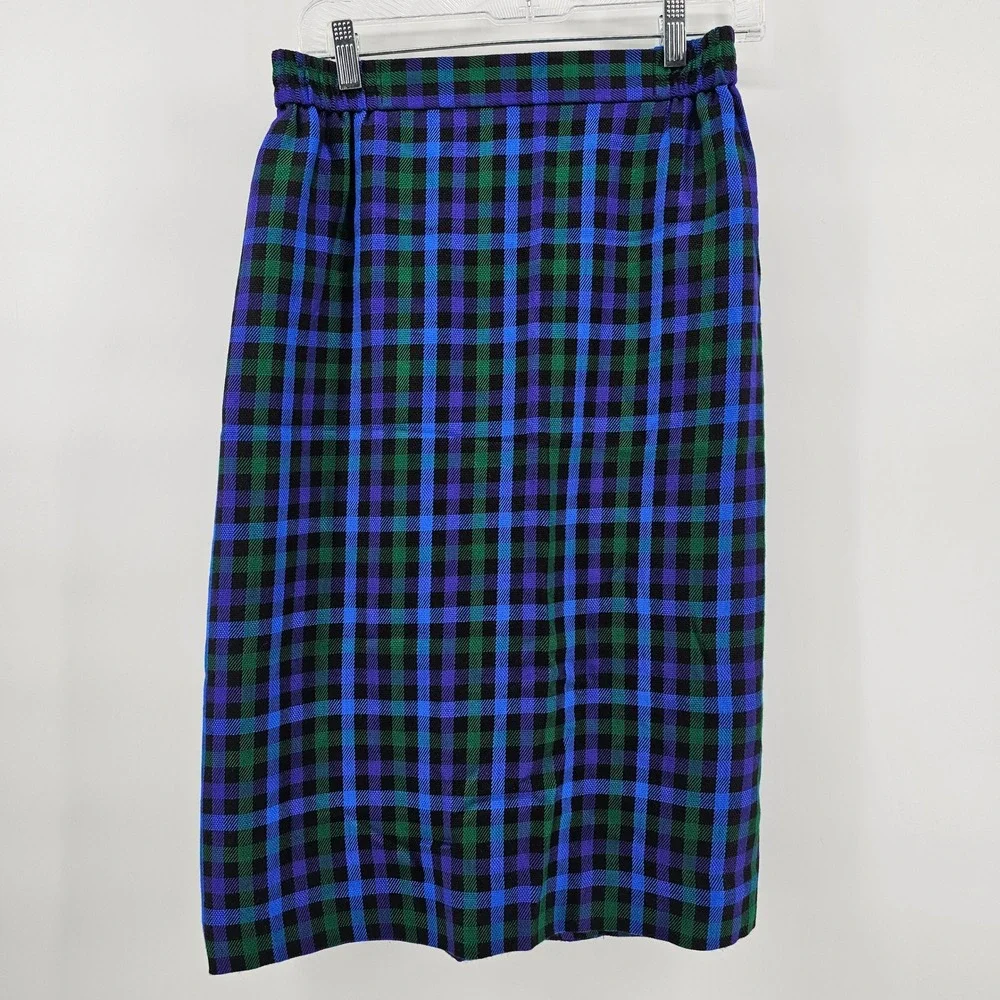 Tanner Skirt Suit 12 Blue Green Purple Plaid Vintage Blazer Skirt Made in USA
